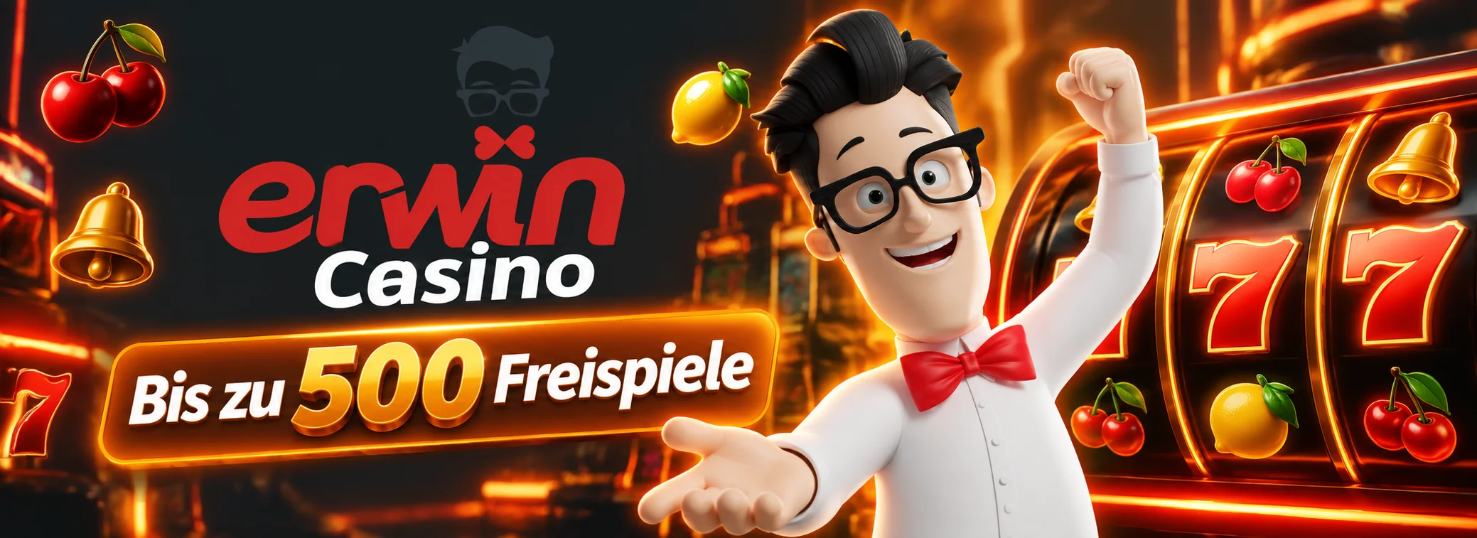 Erwin Casino Maskottchen vor Walzen mit dem Hinweis bis zu 500 Freispiele